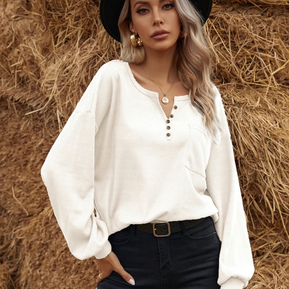 Tops - Fall button detail pocket waffle long sleeve top